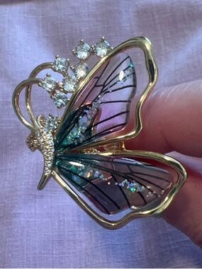 Gold-Tone Butterfly Ring with Pink and Teal Enamel Wings